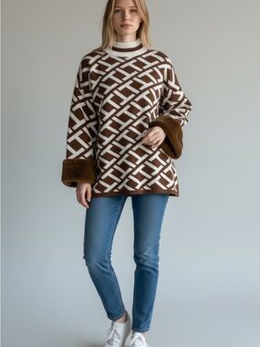 Tyler Boe Blue and Brown Geometric Print Sweater Small